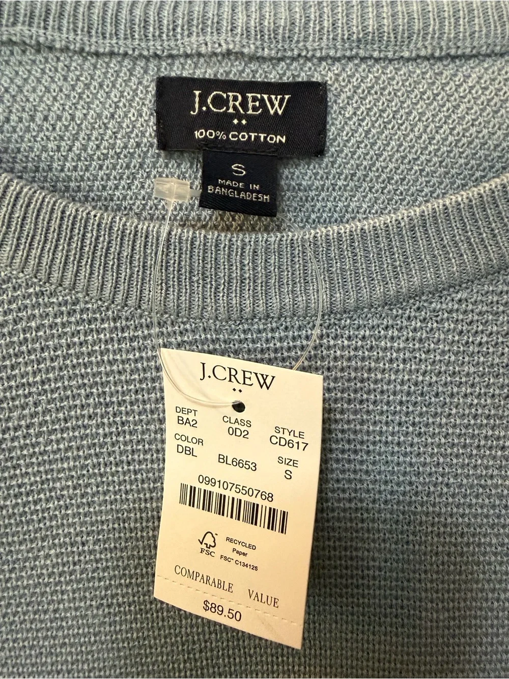 NWT J. Crew Men's Light Blue Crewneck Cotton Subtle Waffle Knit Sweater Sz S